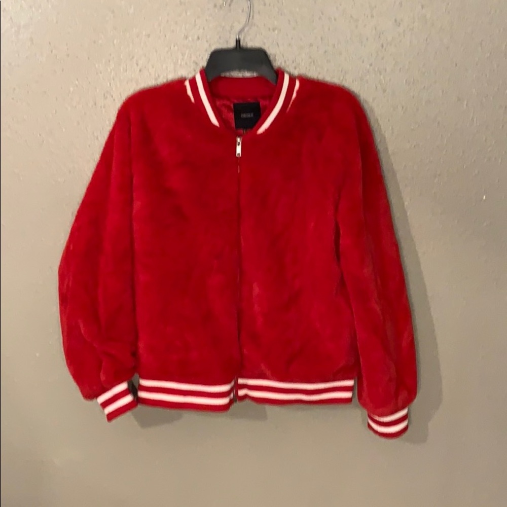 Faux Fur Red Varsity Jacket Size L